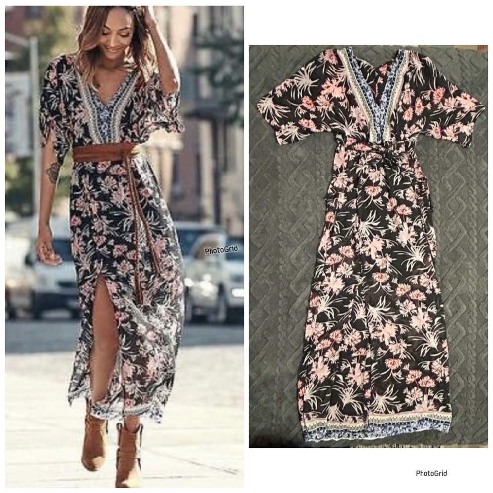 NEW EXPRESS Boho V-Neck Floral Kimono Style Maxi Dress w/ Slit Black Pink White - Picture 2 of 14